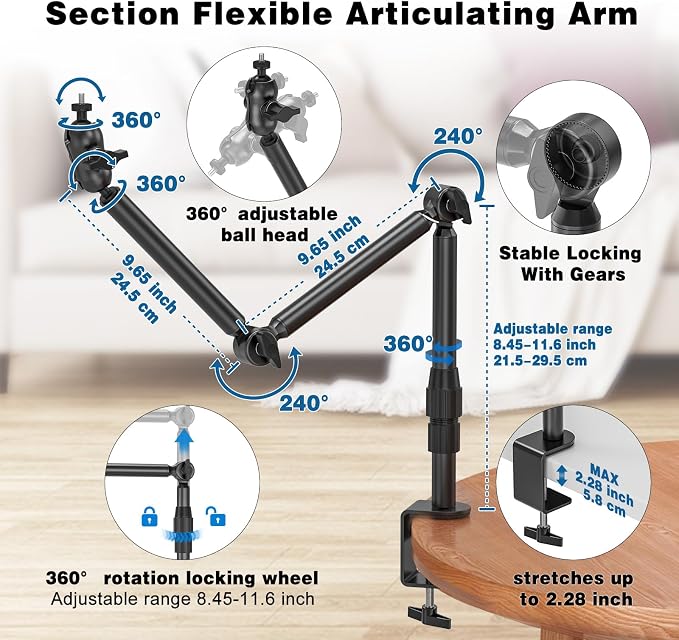 Overhead Camera Mount for Desk, 30.9" Foldable Camera Desk Mount Stand with 1/4" Screws, 360° Rotation 3-Sections Tabletop Holder with C-Clamp for DSLR, Digicam, Webcam, Mini Projector, Microphone - Image 2