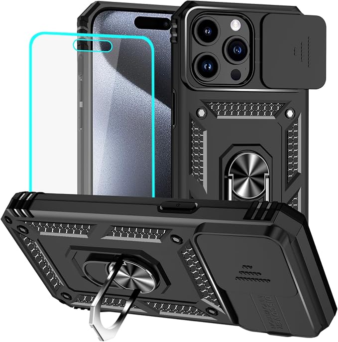 HNHYGETE for iPhone 15 Pro Case with HD Screen Protector: [Military Grade 20ft. Drop Tested] Slide Camera Cover Ring Shockproof Protective Phone Case for - iPhone 15 Pro (Black) by HNHYGETE