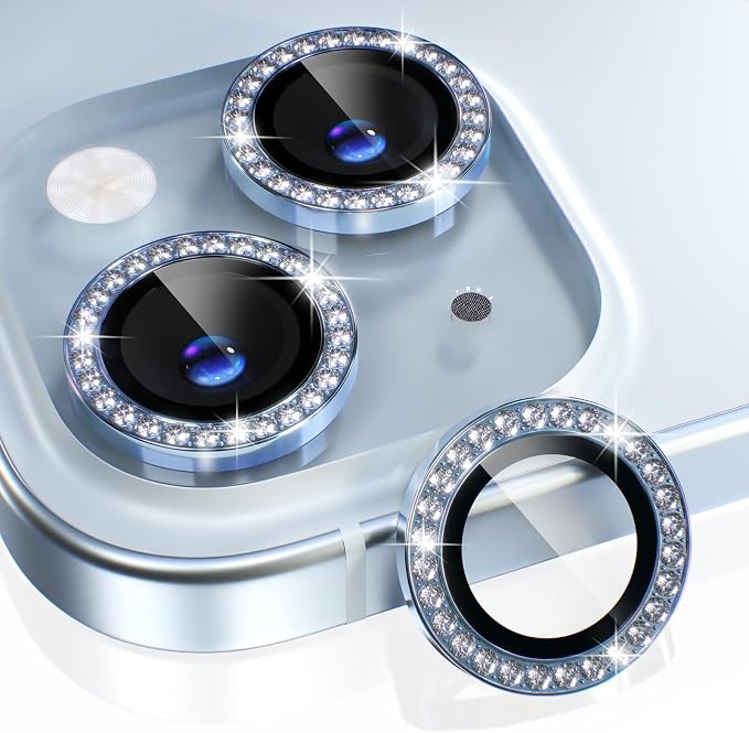 Choiche for iPhone 15/15 Plus Camera Lens Protector Bling, Diamond-Blue | Ultra HD, 9H Tempered Glass Camera Cover Screen Protector Metal Individual Ring Decoration Accessories, 2-Lens, 6.1/6.7-inch by Choiche