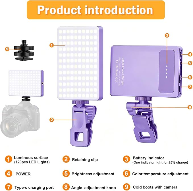 120 LED Selfie Light for iPhone, Portable Phone Light with Clip & Camera Tripod Adapter - 5000mAh Rechargeable, 3 Lighting Modes, CRI 97+ for Video Recording, TikTok, Tripod Mount Rings - Image 4