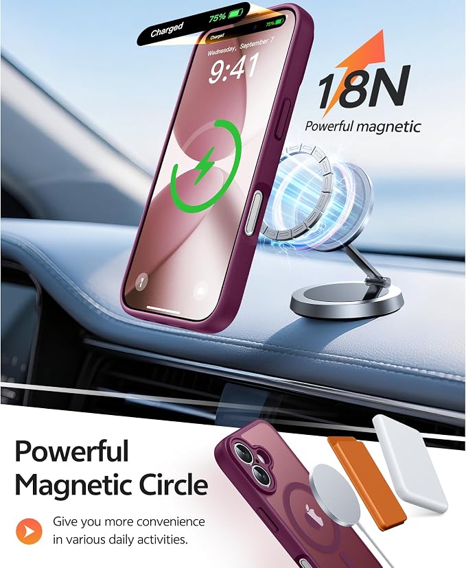 FNTCASE for iPhone 17 Case, Compatible with Magsafe, Glass Screen Protector | Full Camera Protection, Translucent Matte, 14FT Military Grade Drop Proof, Shockproof Protective Phone Cover, Wine Red - Image 3