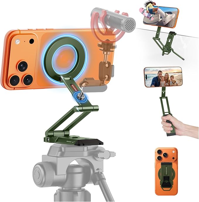 OMOTON TP06-E [3-Adjust] Sturdy Magnetic Phone Tripod for iPhone 17 Pro Max | Aluminium Phone Stand for MagSafe with Hook 1/4" Screw& Arca, Travel Essentials Gift for Vlog, Creators, Live, Green by OMOTON