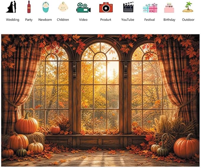 Autumn Fall Window Backdrop 8x6ft Rustic Wooden Arched Window with Pumpkin Maple Leaves Thanksgiving Harvest Photo Background for Party Decor Portrait Photography Booth Props Vinyl - Image 2