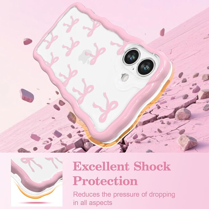 QLTYPRI for iPhone 16 Plus Pink Bow Case, Clear Cute Pink Ribbon Bow Phone Case Curly Wavy Aesthetic Phone Cover, Soft Slim Transparent TPU Shockproof Protective Cover for Women Girls - Ribbon Bow - Image 4