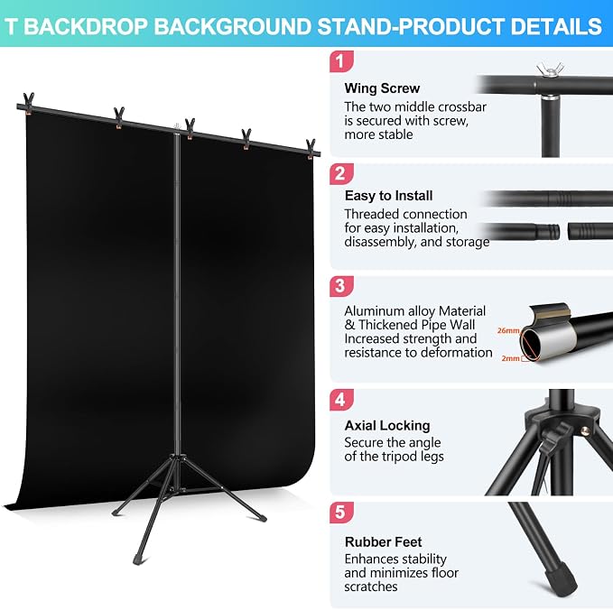 Black Backdrop Background with Stand for Photoshoot, 5x6.5ft Black Photo Backdrop Curtain Cloth with Background Support Stand, 5 Spring Clamps& Carrying Bag for Party Photography Video Studio - Image 6