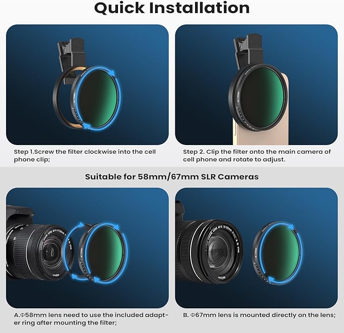 67mm Variable ND2-400 Filter for Phone/DSLR, HD Neutral Density Filter | FMC-Coated Lens Attachment with Universal Clip & 58-67mm Camera Adapter Ring for iPhone 17/16/15/14/13/12 & Samsung - Image 6