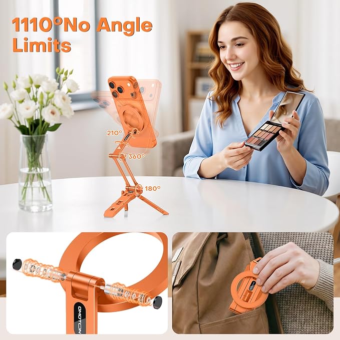 OMOTON TP06 Pro [Equipped Lanyard] 360° Rotating for MagSafe Tripod, Orange | Magnetic Phone Tripod for iPhone 17/16/15 Pro Max Air, Fold Selfie Stick with 1/4" Screw, Acra Fits Vlog, Gym, Travel - Image 7