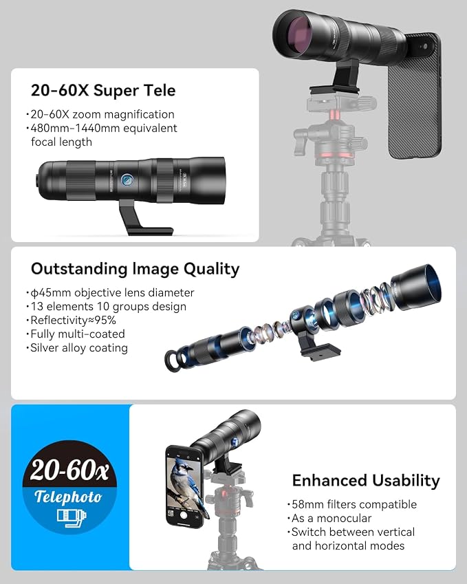 20-60X Zoom Telephoto Lens for iPhone 17 Air, Evil Eye High Power HD Telephoto Phone Lens with Phone Case - Image 7