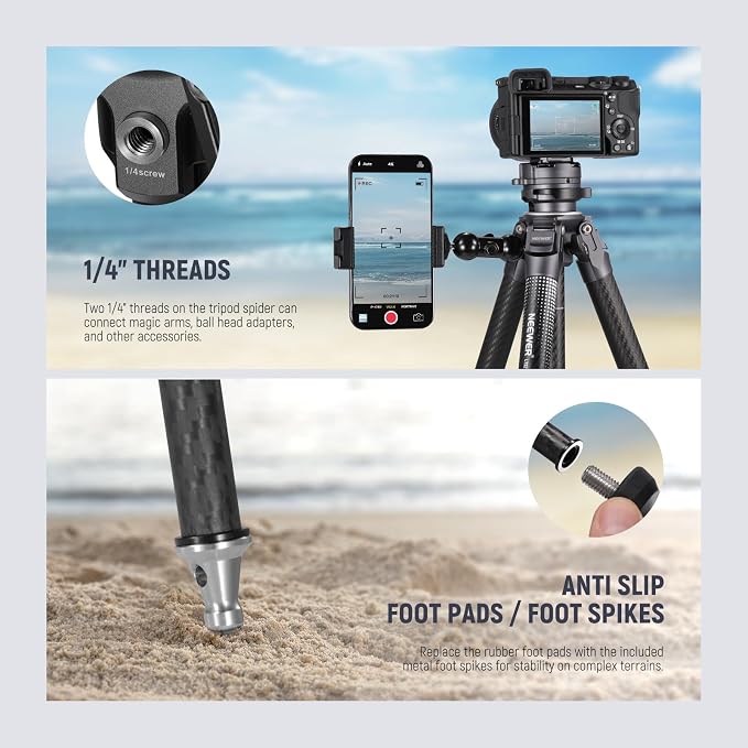 NEEWER LITETRIP LT32 Camera Travel Tripod, Carbon Fiber Portable Stand, Ball Head Detachable Center Axis Flip Buckle Cleaning Cloth Arca QR Plate Compatible with PD (Former TP62) - Image 8