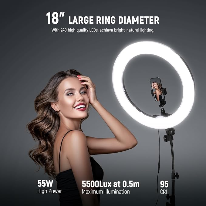 NEEWER RL-18 18 Inch Ring Light with Tripod Stand, 55W Large LED Ringlight | Cold Shoe, Phone Holder, Compatible with iPhone Camera, for Video Recording Photography Streaming Selfie Makeup Studio Photo - Image 2
