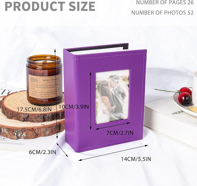 RECUTMS Small Photo Album 4x6 52 Photos Leather Albums for Family Purple | White Pages, Hold 52 Vertical Photos, Wedding Pictures Book with Front Window, Mini Photobook for Baby Vacation, Portable - Image 2