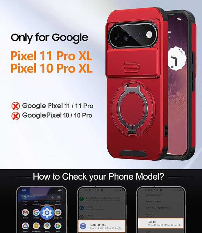 JAME for Google Pixel 10 Pro XL/11 Pro XL Case, Stand & Slide Camera Cover | Ring Holder Kickstand, Screen Protectors, Dual-Layer Shockproof Protective, Magnetic Accessory Friendly Phone Case, Red - Image 2