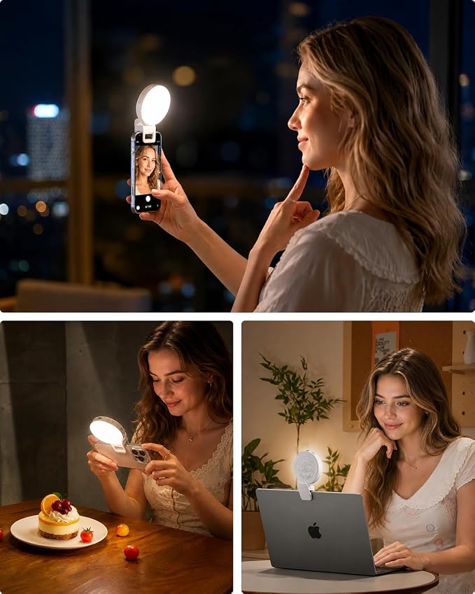 Viozon Selfie Light for iPhone Laptop, 3" Compact Clip on LED Phone Light with 360° Rotation, 1000mAh Type-C Rechargeable Zoom Meeting Light, 36H Runtime, Stepless Dimming 2800K-6500K, White - Image 2