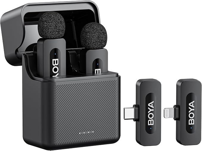 BOYA V3 Combo Wireless Microphone for iPhone/Android/PC/Laptop with USB-C/Lightning Port, 36H Battery Life with Charging Case, Noise Canceling Lapel Microphone Wireless Mini Mic for Video Recording by BOYA