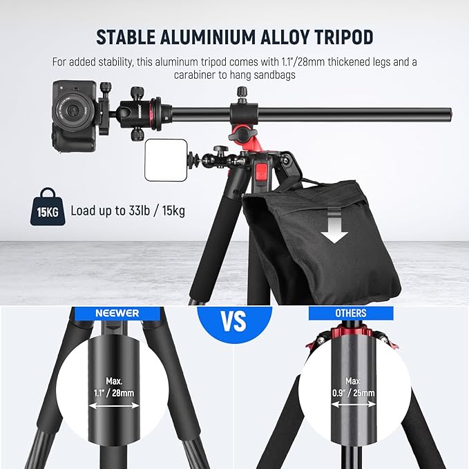 NEEWER 79 inch Camera Tripod Monopod with Center Column and Ball Head Aluminum, Arca Type QR Plate, Bag, Horizontal Tripod Overhead Camera Mount for DSLR Camera, Video Camcorder, Max Load: 33lb - Image 2