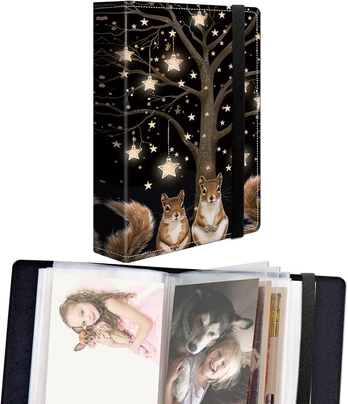 DEGDFSGR Small Photo Album 4x6 60 Pockets 120 Photos - Adventure Book Baby Photo Albums Photo Books for 4X6 Pictures Memory Book with Black Elastic Band for Photo Storage, Stars Squirrels Under A Tree by Unknown