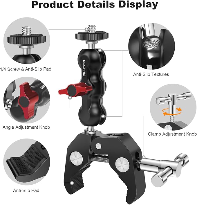 Camera Clamp Mount with Dual Ballhead Magic Arm, Aluminum Camera Mount Super Clamp Kit for DSLR Action Camera/Phone/Monitor/LED Light/Microphone, for Desk/Tripod/Tube/Crossbar (SY001) - Image 8