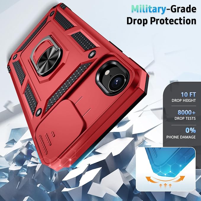 for iPhone XR Case with Camera Lens Cover, HD Screen Protector, 10 FT Military Grade Drop Protection, Magnetic Ring Holder Kickstand Protective Phone Case, Red - Image 4