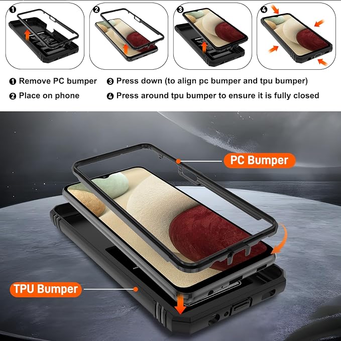 Gritup for Galaxy A12 Phone Case Military-Grade Shockproof with Kickstand | with 2 PCS Screen Protector, Slide Camera Cover, Heavy Duty Outdoor Protection Full Body Funda para Galaxy A 12 Cover-Black - Image 4