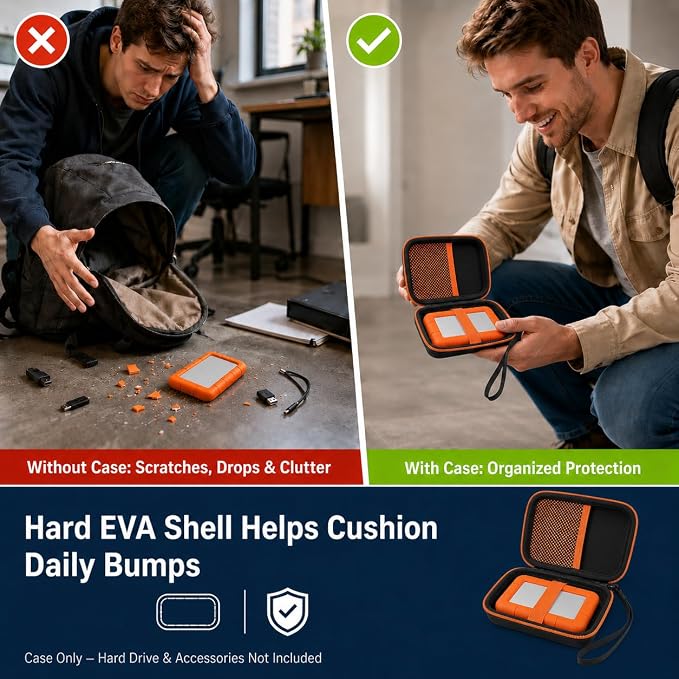 ALKOO Case for LaCie Rugged Mini 1TB/2TB/4TB/5TB External Hard Drive | Portable HDD Holder, Cable Pocket, SD Card Storage, for Photographers, Creators, Students, Office, Travel, Case Only, Sun - Image 5