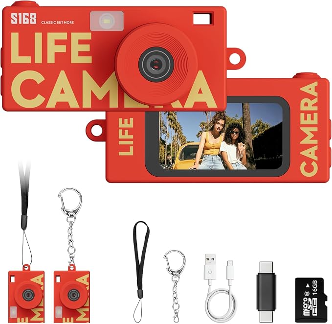 Mini Keychain Digital Camera, Y2K Retro Pocket Camera with 1.47 Inch Screen, 1440P Video, 2MP Photos, 16GB Card, Flash, Type C, Tiny Vintage Camcorder for Kids Teens Travel Vlog (Red) by Dienspeak