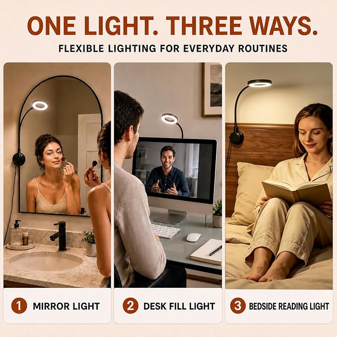 Suction Cup Makeup Lights for Vanity Mirror,Full Length Mirror Selfie Light | LED Vanity Lights Stick on, Ring Light for Makeup Vanity Table & Bathroom Mirror, 3 CCT & 10 Brightness, Plug in, Black - Image 7