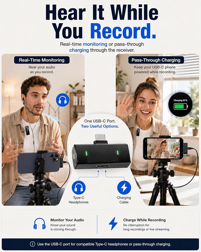 Wireless Lavalier Microphone for iPhone/Samsung/Android, 2 Mics, USB-C Port | 2 Clip-On Mics with Noise Reduction, 34h Using Time with Charging Case, 48kHz Audio 66ft Range for Video Recording USB C - Image 5