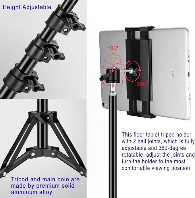 Ipad Tripod Stand, with 65 inch Height Adjustable iPad Stand Holder & iPad Floor Stand with 360° Rotating iPad Tripod Mount for iPad Pro, iPhone, Kindle, and All 4.5-12.9 Inch Tablets - Image 6