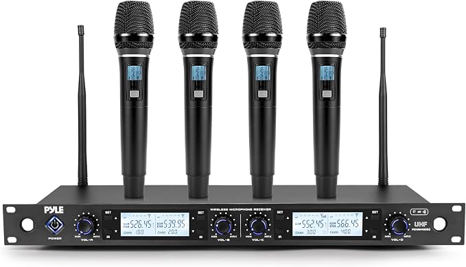 Pyle 4 Channel Wireless Microphone System with 4 Handheld Wireless Mics, UHF Cordless Microphones with Selectable Frequencies, Rack Mount Receiver for Karaoke, Church, DJ, Singing & PA Systems by PyleUSA