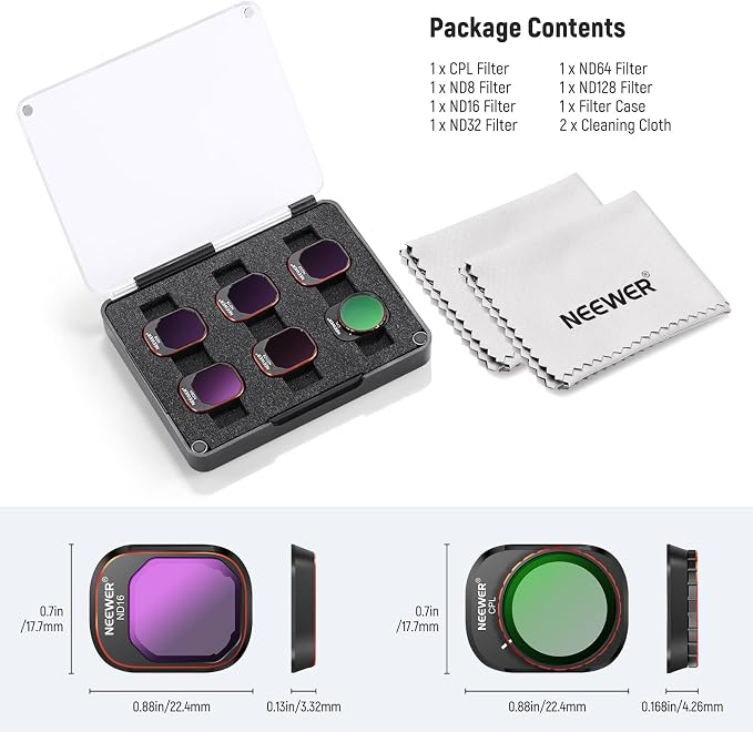 NEEWER ND Filter Set Compatible with DJI Mini 4 Pro, 6 Pack Multicoated HD Optical Glass ND8 ND16 ND32 ND64 ND128 CPL Circular Polarizing Neutral Density Filter Drone Accessories, 2X Cleaning Cloth - Image 9