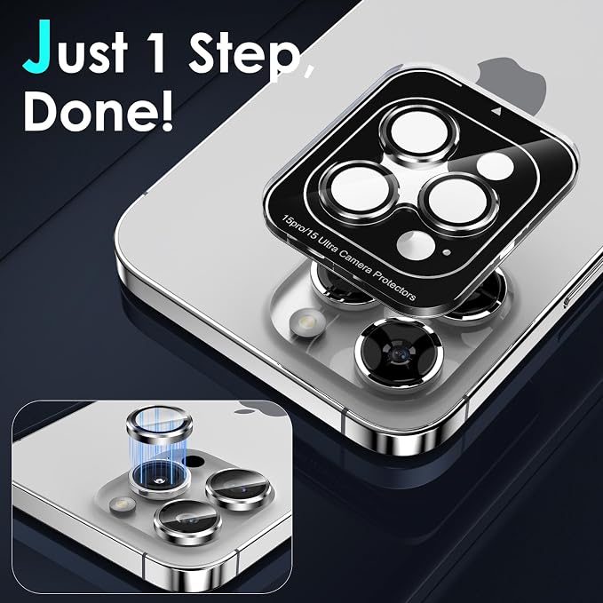 YWXTW CameraLens Protector,[1 Step Installation Tray] Tempered Glass Screen Metal Individual Cover Accessories Case Friendly (Silver Titanium) (iPhone 15 Pro/15 Pro Max) - Image 4
