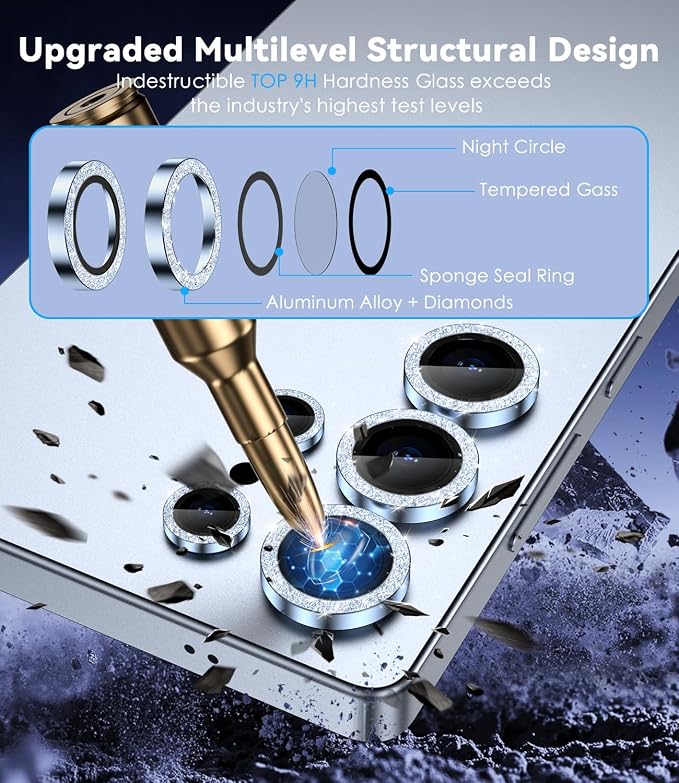 CloudValley for Samsung Galaxy S25 Ultra Camera Lens Protector Bling | 9H Tempered Glass + Aluminum Alloy Lens Protective Ring [Glitter Decoration] Ultra-HD Tempered,Glitter Titanium Silverblue - Image 2