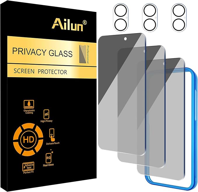 Ailun Privacy Screen Protector + Camera Lens Protector for iPhone 16 Plus | 3+3 Pack, 6.7 Inch, Installation Frame, Dynamic Island Compatible, Anti Spy Private Tempered Glass, Case Friendly by Ailun