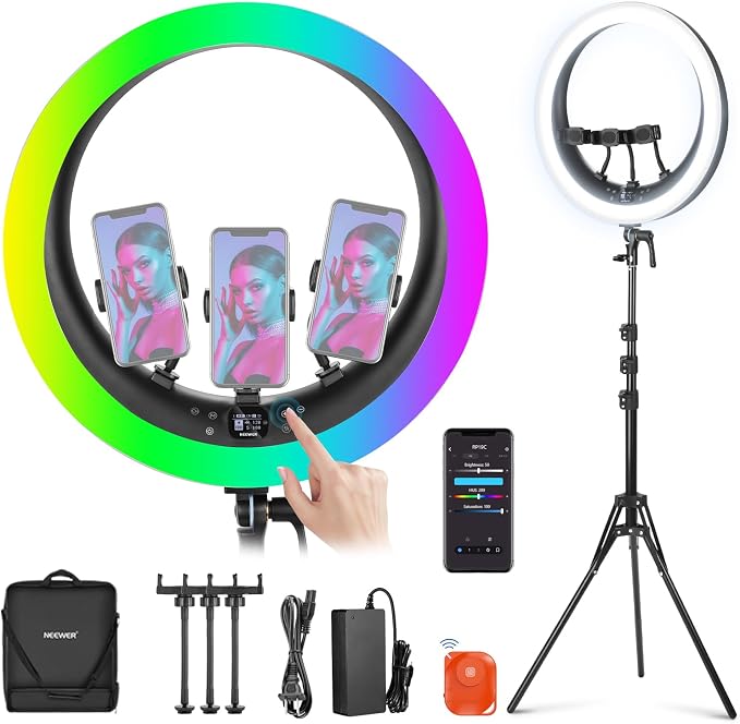 NEEWER 19" RGB LED Ring Light with Stand, 3 Phone Holders, Touch Panel, 2.4G/App Control, 42W CRI97+ 2800lux/0.5m 360° Hue Dimmable Professional Lighting for Makeup Live Streaming Zoom Calls, RP19C by Neewer