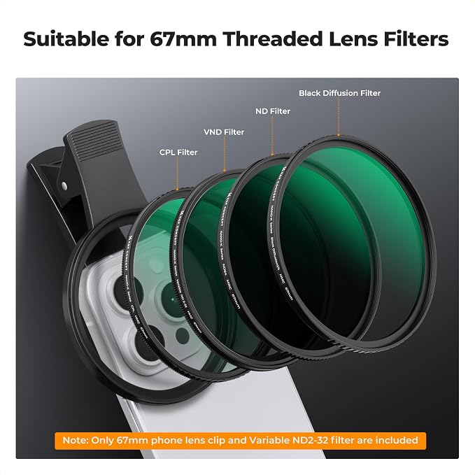 K&F CONCEPT 67mm Clip-on ND2-32 Phone Camera Lens Filter Kit | Multi-Coated Variable Neutral Density Light Reduction Filter Compatible with iPhone 16 15 14 13 12 11, FP101 - Image 4