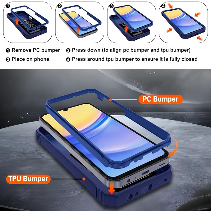 for Samsung Galaxy A15 5G Case with 2PCS Screen Protector, Build in 360° Rotating Ring Kickstand, Military Grade Protective Case for Samsung A15 Phone, Blue - Image 3