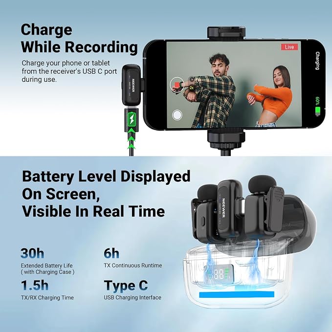 NEEWER KM19 Mini Lav Mic Compatible with iPhone 17 16 15, Black | Noise Canceling Wireless Lapel Microphone with App Control, 30h Battery, 100m Range, Compatible with iPhone Android PC - Image 6