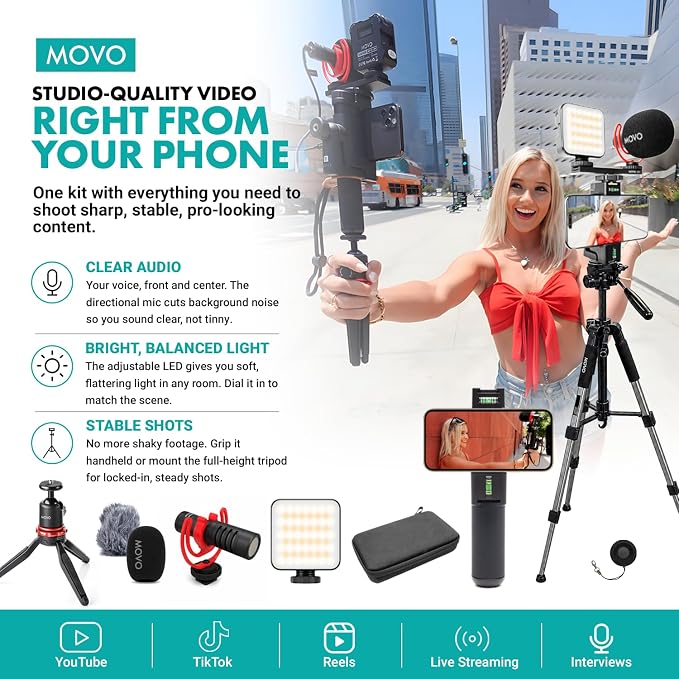 Movo iVlogger-PRO Vlogging Kit for iPhone with Mic, Light, and Tripod | Professional YouTube Starter Kit for iPhone and Android with VXR10 Mic, Rechargeable RGB Light, Two Tripods, Case, and More - Image 2