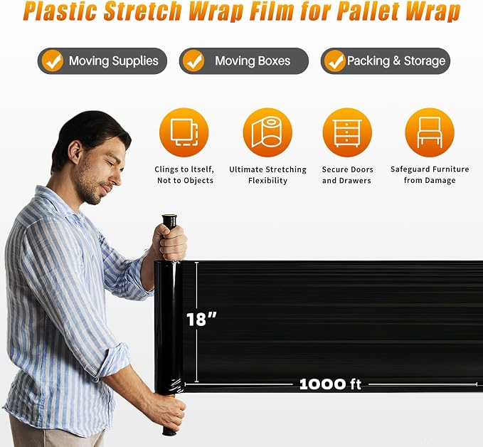 Black Stretch Film Shrink Wrap for Moving Supplies (18inch, 4 Pack) x 1000ft, Industrial Strength Plastic Wrap Stretch Roll for Pallet Wrapping Shipping Moving Boxes Storage Furniture with Handles - Image 3