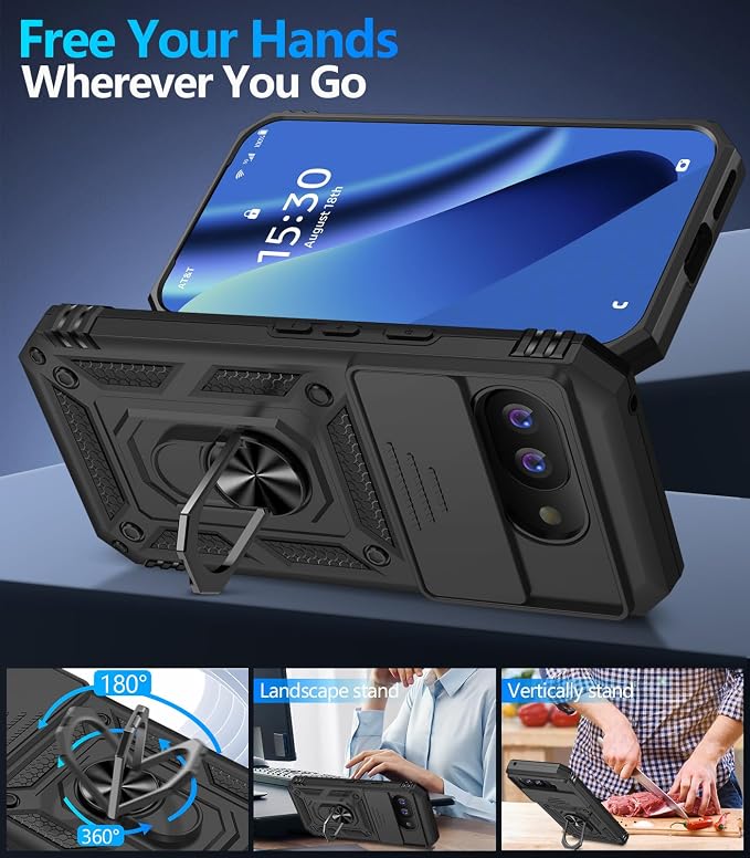 Taisairu for Google Pixel 10A Case with Screen Protector & Slide Camera Lens Cover,Built-in 360°Rotate Magnetic Ring Stand Shockproof Protective Phone Case for Google Pixel 10A Case (Black) - Image 3