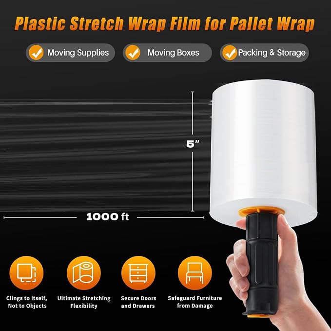 Stretch Film Shrink Wrap for Moving Supplies (5inch, 1 Pack) x 1000ft, Industrial Strength Plastic Wrap Stretch Roll for Pallet Wrapping Shipping Moving Boxes Storage Furniture with Handles, Clear - Image 4