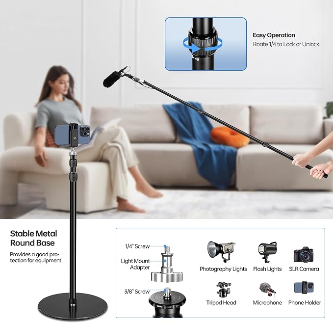 YP-400 Light Stand, 80” Monopod for Camera, LED Light, Heavy Duty Aluminum Alloy 36mm Tubes Metal Round Base with 1/4” Screw, 3/8” Screw & Light Mount Adapter Studio Stage - Image 4