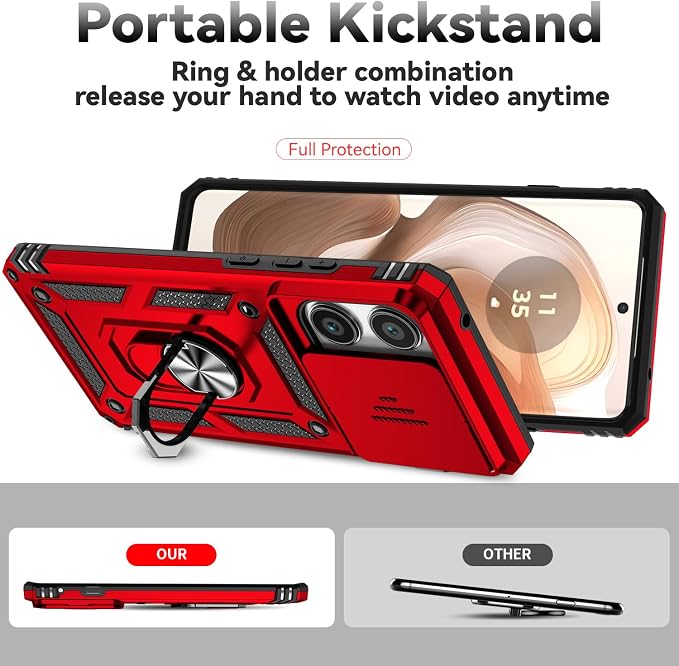 SunStory Compatible with Motorola Moto Edge 2025 Case with HD Screen Protector & Slide Camera Cover & Rotated Ring Kickstand, [Military-Grade] Phone Case for Moto Edge 2025,Red - Image 2