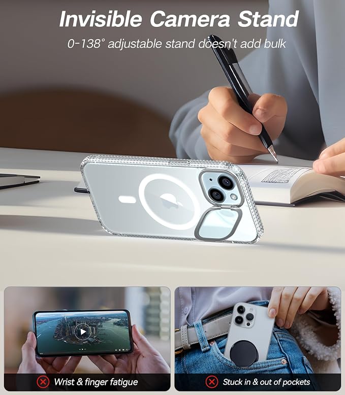 VOFATA [Upgraded] for iPhone 15 Case with Camera Cover Stand [Fit for MagSafe][9H Camera Lens Protector] Mil-Grade Protection Transparent Magnetic iPhone 15 Phone Case, Clear - Image 3