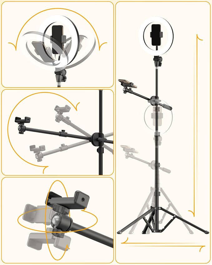 LUXSURE Ring Light with 62'' Tripod Stand for Video Recording, 10.5'' Ring Light Tripod for iPhone with 2 Shooting Positions, Overhead Phone Mount for YouTube, Makeup, Cooking - Image 8