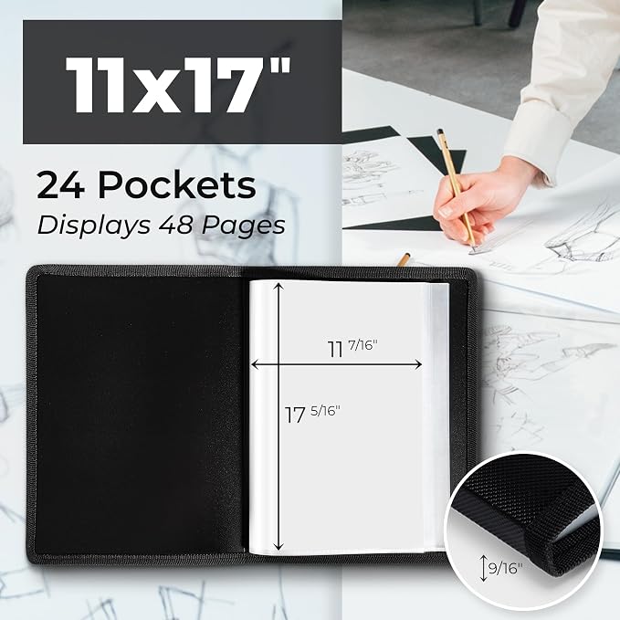 Dunwell 11x17 Art Portfolio Binder, 24-Sleeve, Black Mounting Paper, Black | 24 Clear Sleeves, Displays 48 Pages, Black Mounting Paper Included, Artwork Storage, Acid-Free Poly Protection - Image 2