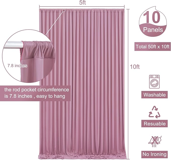 10 Panels Dusty Pink Backdrop Curtain for Wedding Parties Wrinkle Free Pink Photo Curtains Backdrop Drapes Fabric Decoration for Birthday Party Baby Shower 50ft(W) x 10ft(H) - Image 5