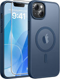 FNTCASE for iPhone 15/14 Plus Case, Fit for Magsafe, Screen Protector Blue | Translucent Matte Magnetic Back, 14FT Military Grade Drop Protection, Shockproof Protective Phone Cover, Blue by FNTCASE