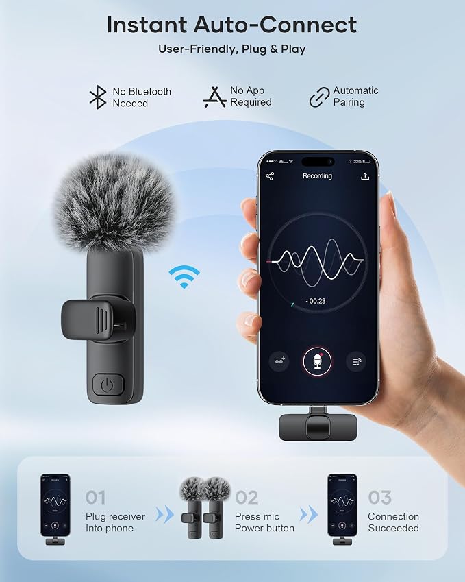 Wireless Lavalier Microphone for iPhone iPad Android, 2 Pack Noise Reduction Lapel Mic Plug and Play for Video Recording Interview Podcast YouTube (Black) - Image 2