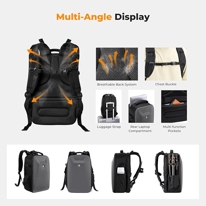 K&F CONCEPT Camera Backpack,Hardshell Photography DSLR Camera Bag | 15-15.6 Inch Laptop Compartment, Waterproof, Hard Shell Camera Case, Compatible with Canon/Nikon/Sony/DJI Mavic Drone, B07 - Image 4